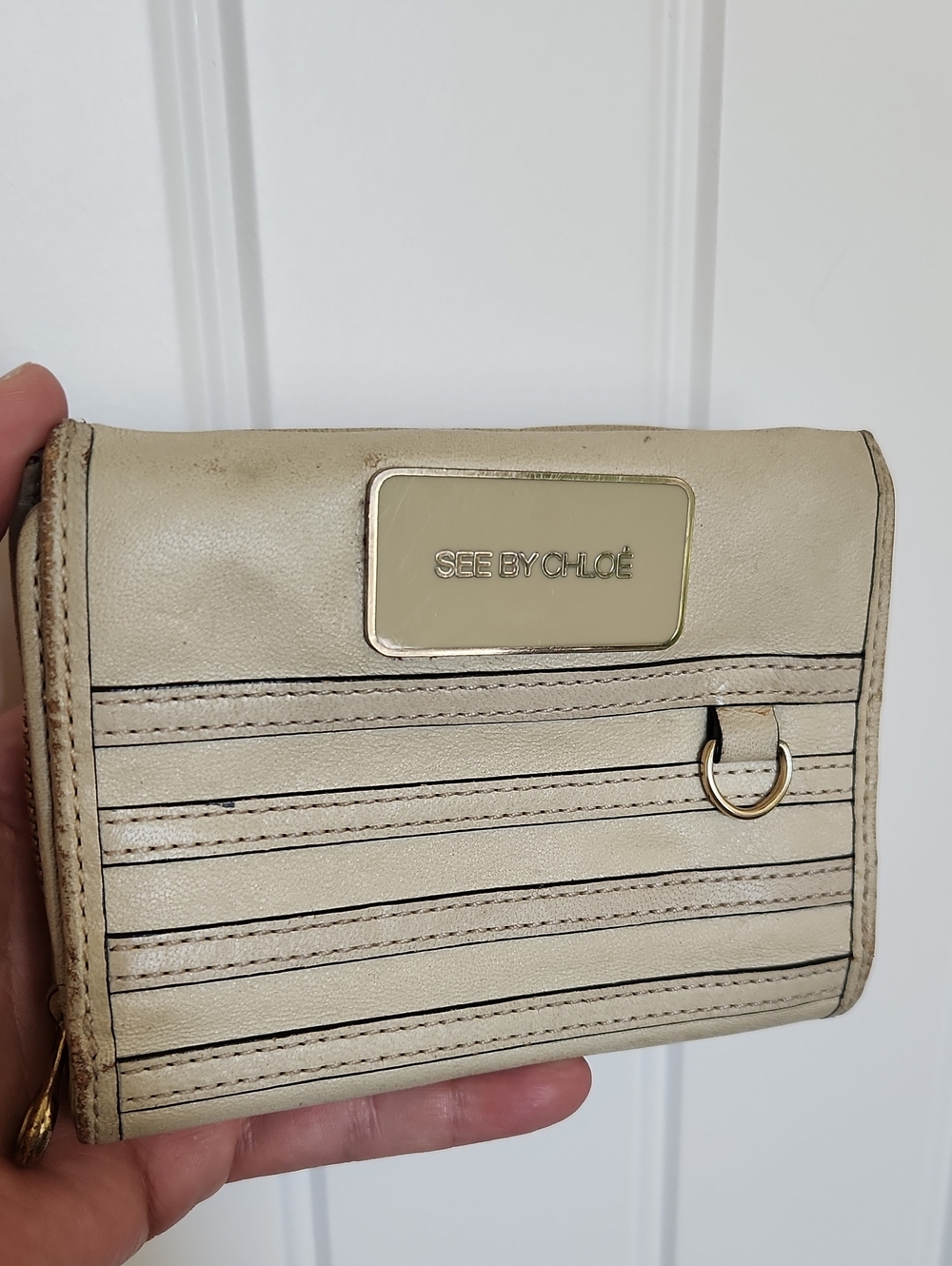 See By Chloé Cream Leather Compact Wallet with Gold Plate